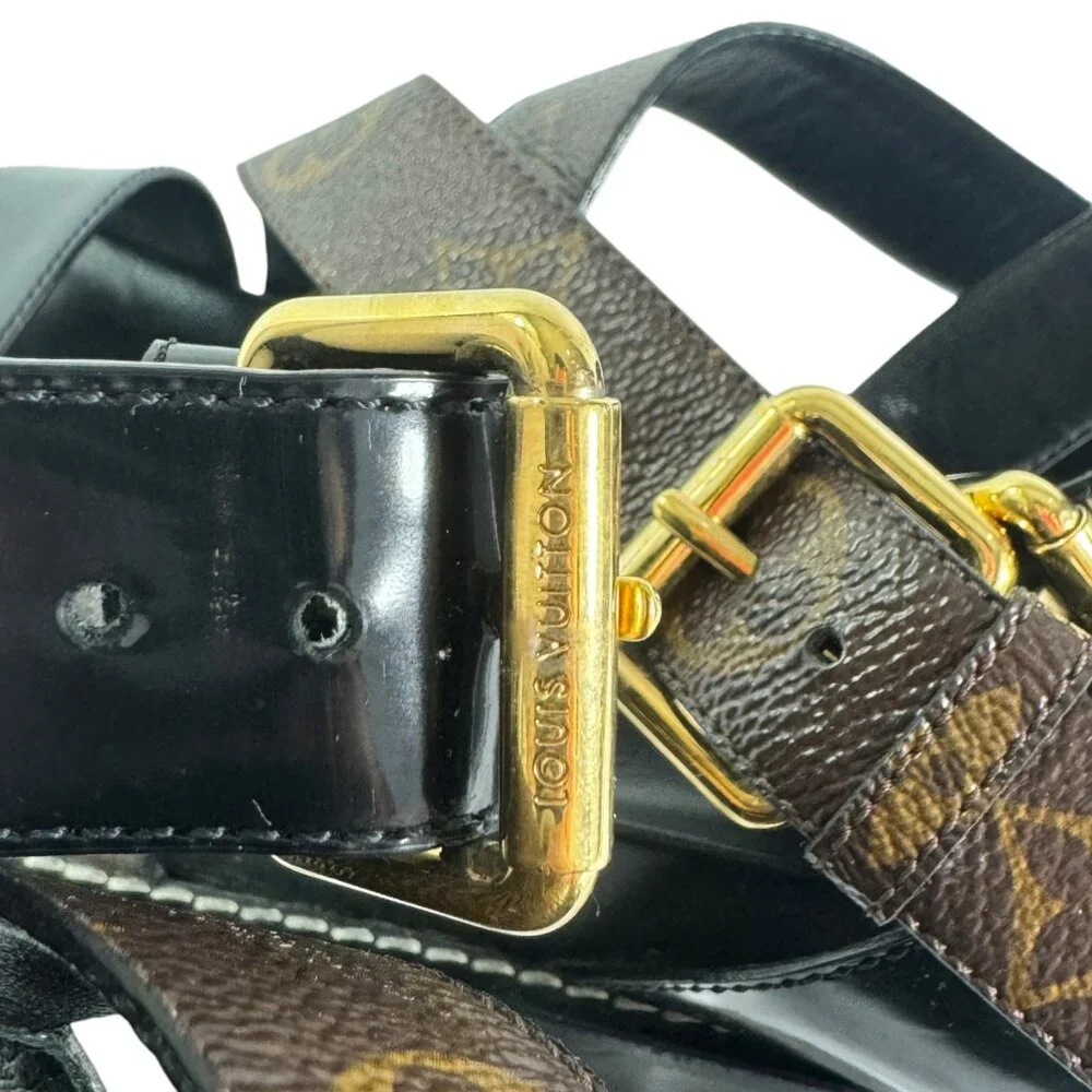 Louis Vuitton Black & Brown Monogram Crisscross Leather Sandals - Picture 6 of 11